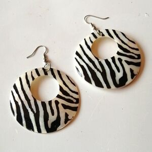Zebra Print Black White Shell Hoop Earrings